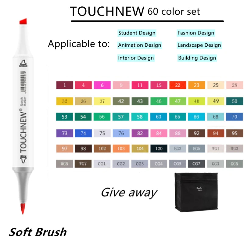 TOUCHNEW Marker 12/30/60/80/168 Colors Soft Brush Markers Pen