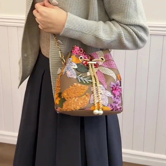 Floral Embroidered Bucket Crossbody Bag
