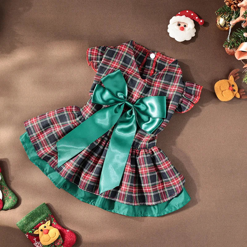 Plaid Christmas Dog Dress with Bow