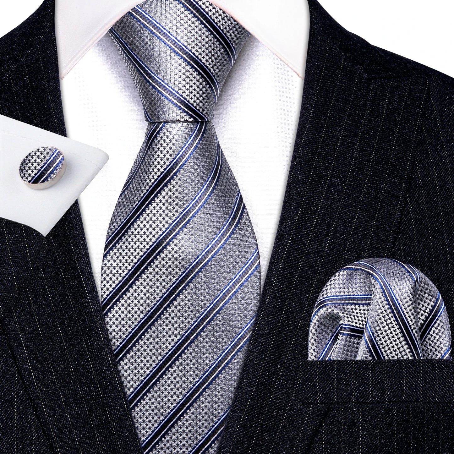 Barry Wang Jacquard Striped Silk Men's Tie Pocket Square Cufflinks Set