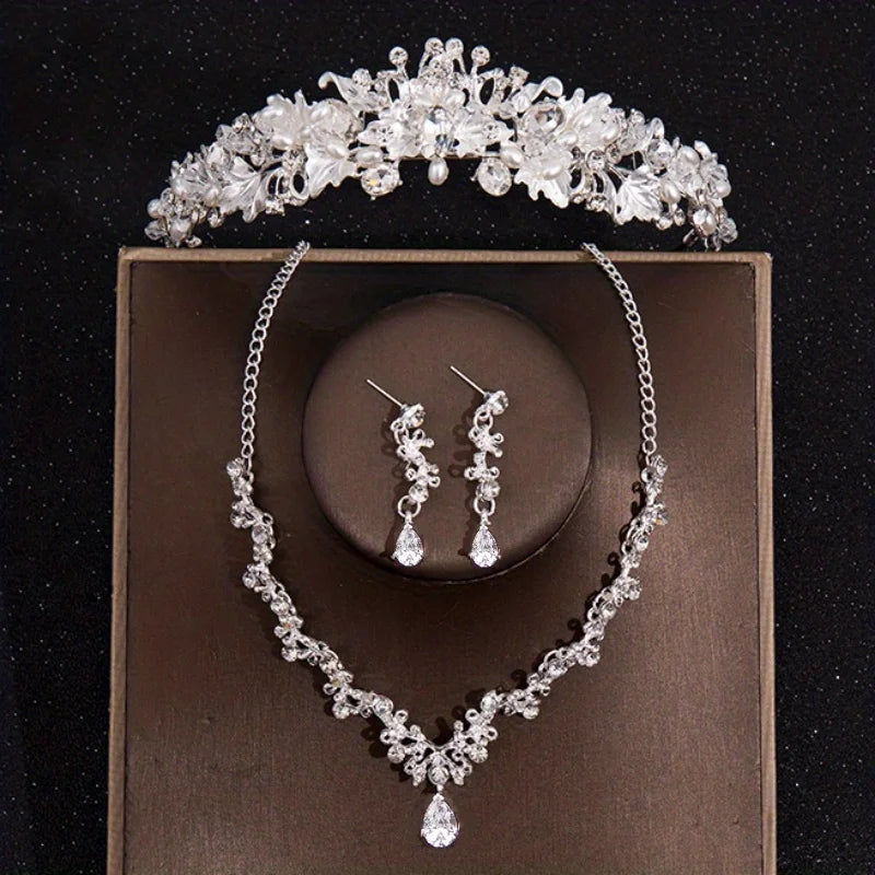 Bridal Crown Necklace Earrings Jewelry Set