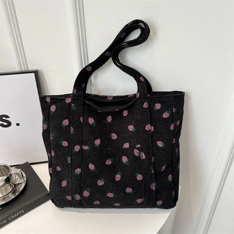 Corduroy Strawberry Print Tote Bag