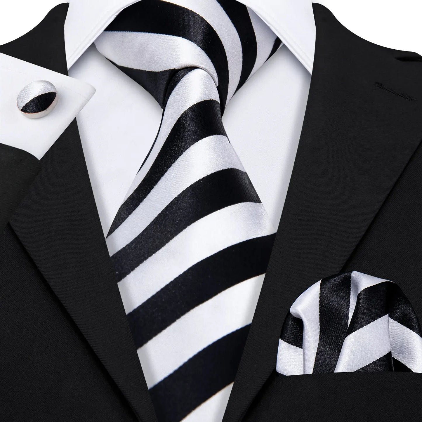 Barry Wang Jacquard Striped Silk Men's Tie Pocket Square Cufflinks Set