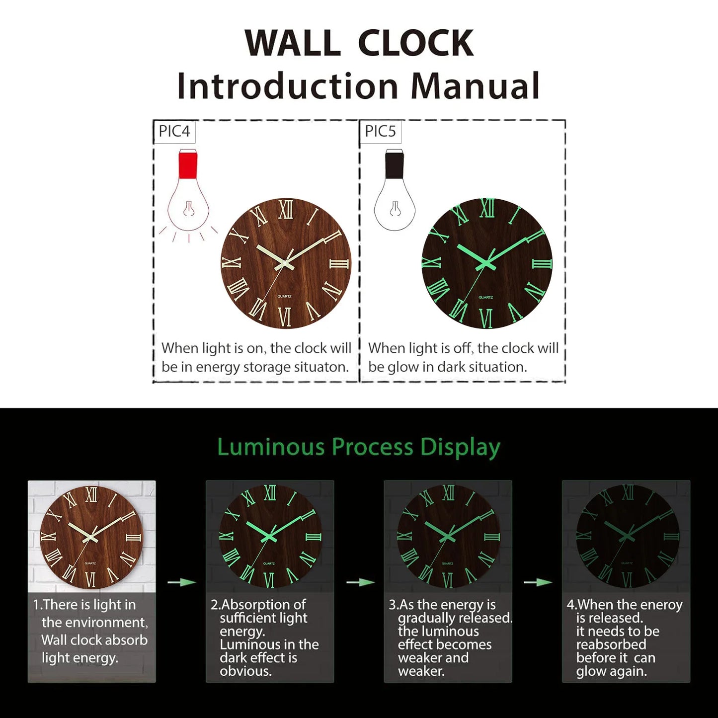 Wooden Glow-in-the-Dark Wall Clock