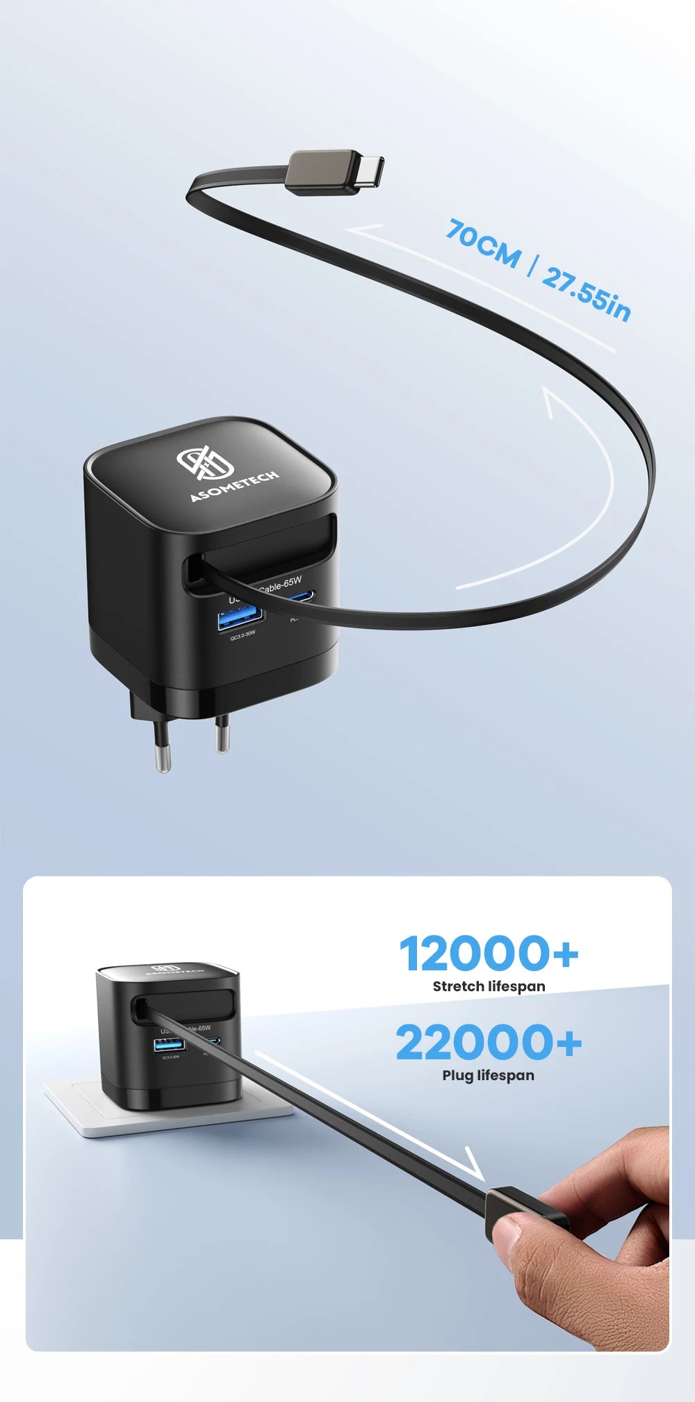 65W GaN USB Charger with Retractable Type-C Cable