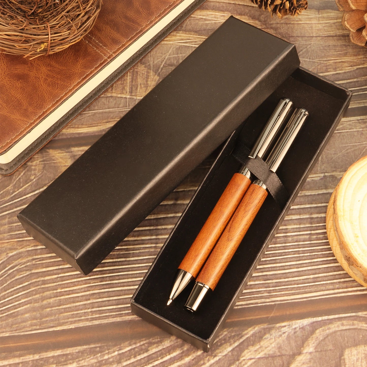 1/2 PCs with Box - Brown/Ebony Wood Grain Pen -