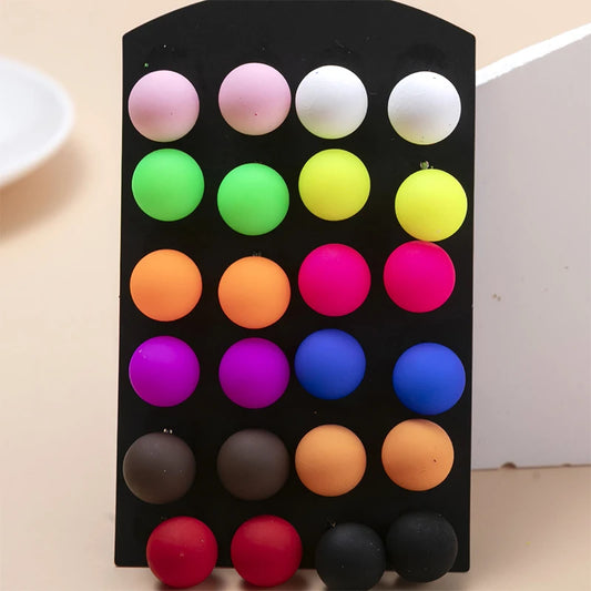 12Pairs 12mm Cute Colorful Acrylic Round Beads Stud Earrings