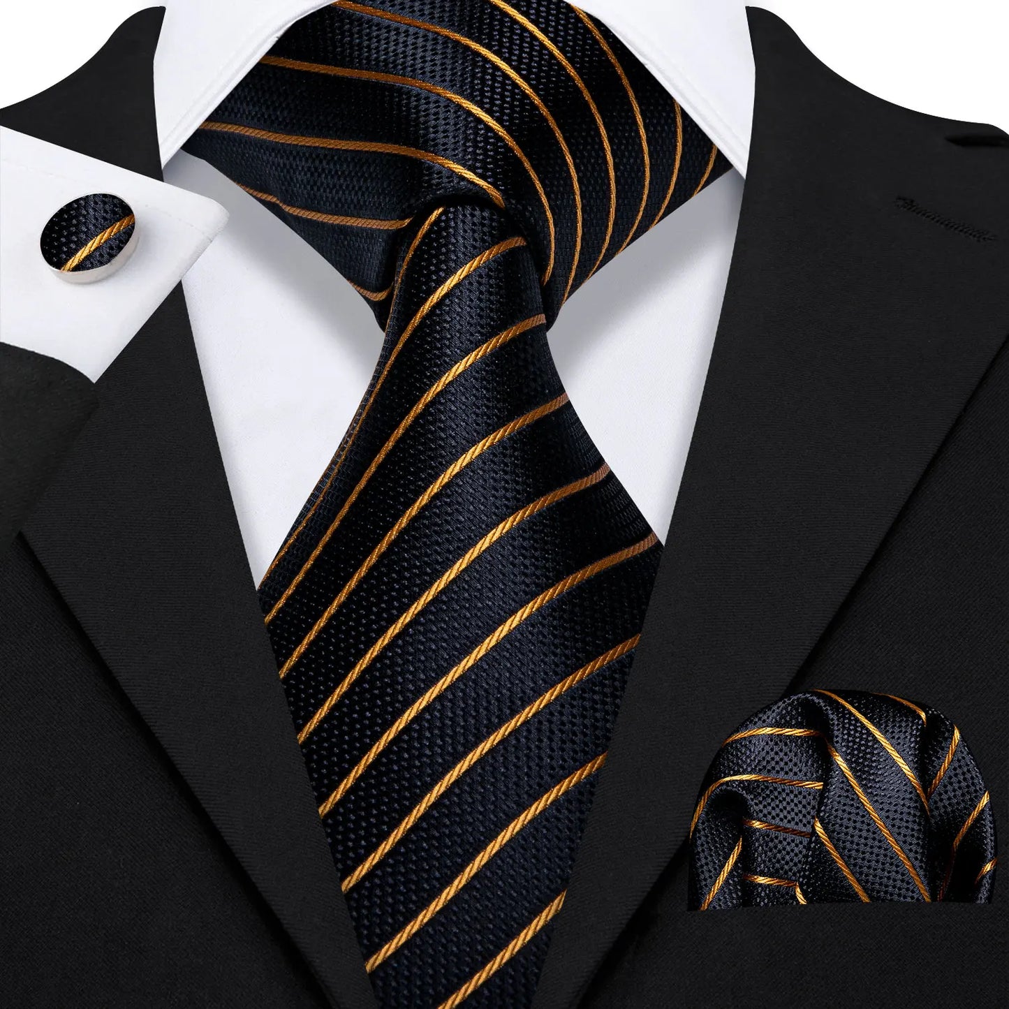 Barry Wang Jacquard Striped Silk Men's Tie Pocket Square Cufflinks Set