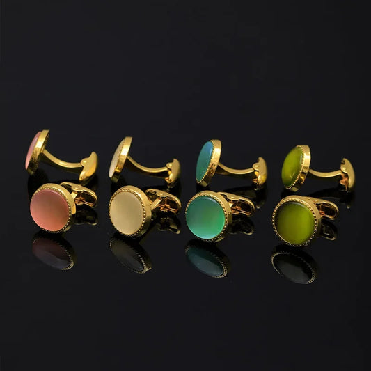 Round Gold-Tone Cufflinks with Coloured Stone