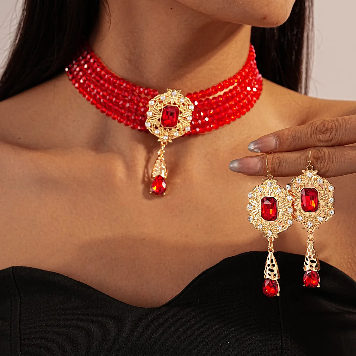 Multilayer Crystal Necklace & Geometric Earring Set