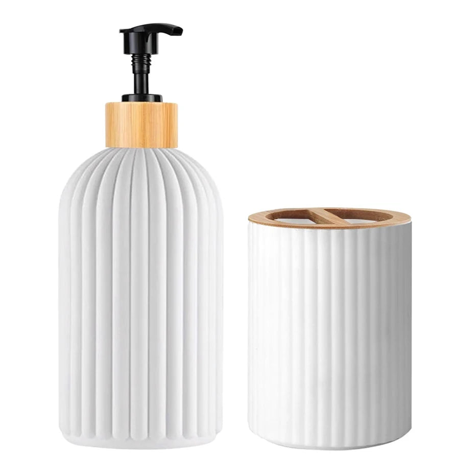 Bathroom Organizer Set with Soap Dispenser and Bamboo Lid
