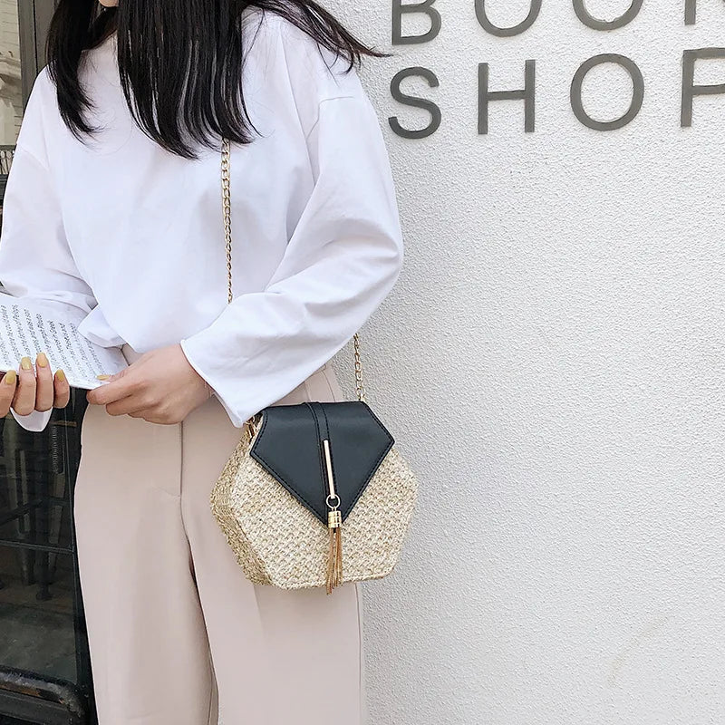 Hexagon Straw+leather Handbag