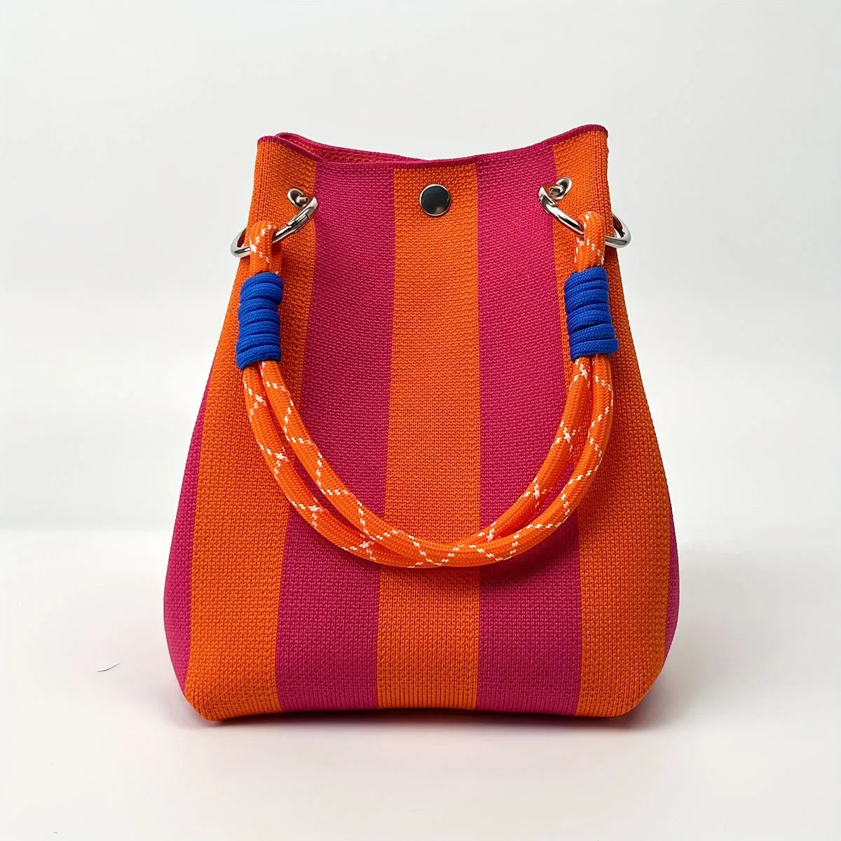 Color Block Knitted Cotton Bucket Tote Bag