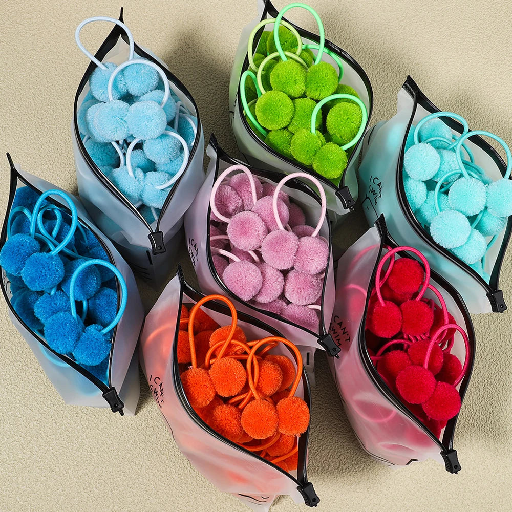 5Pcs/lot Girls Double Plush Ball Hair Ropes Set