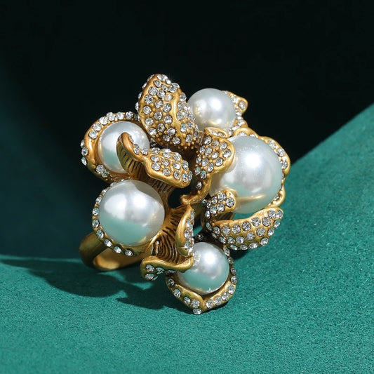 Vintage 18K Gold-Plated Floral Pearl Cocktail Ring