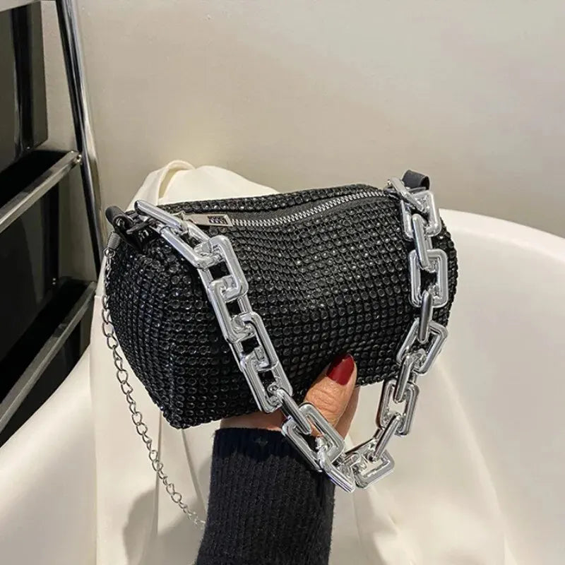 Rhinestone Bucket Bag – Glitter Chain Mini Crossbody Purse
