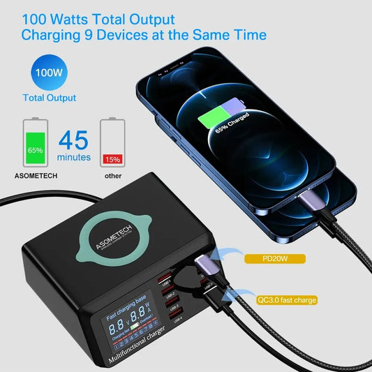 100W USB Charging Station with Wireless Charger