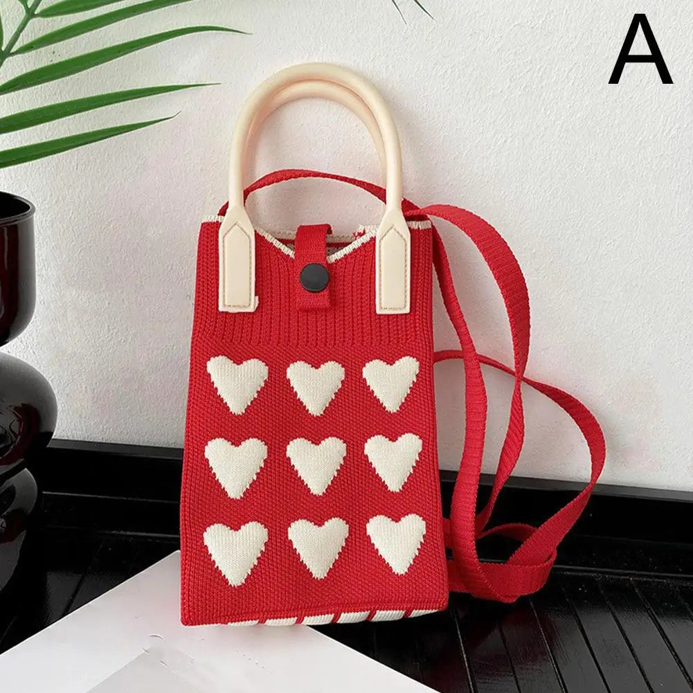 Knitted Heart Mini Phone Crossbody Bag