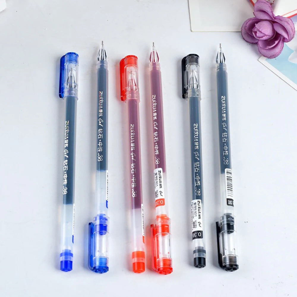 6pcs Large-capacity Ink Diamond Tip Gel Pen 0.38mm Black/Blue/Red Refill