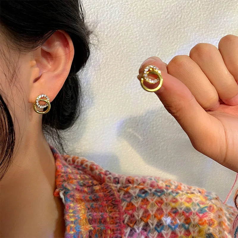 Gold Color Double Hoop Geometric Stud Earrings