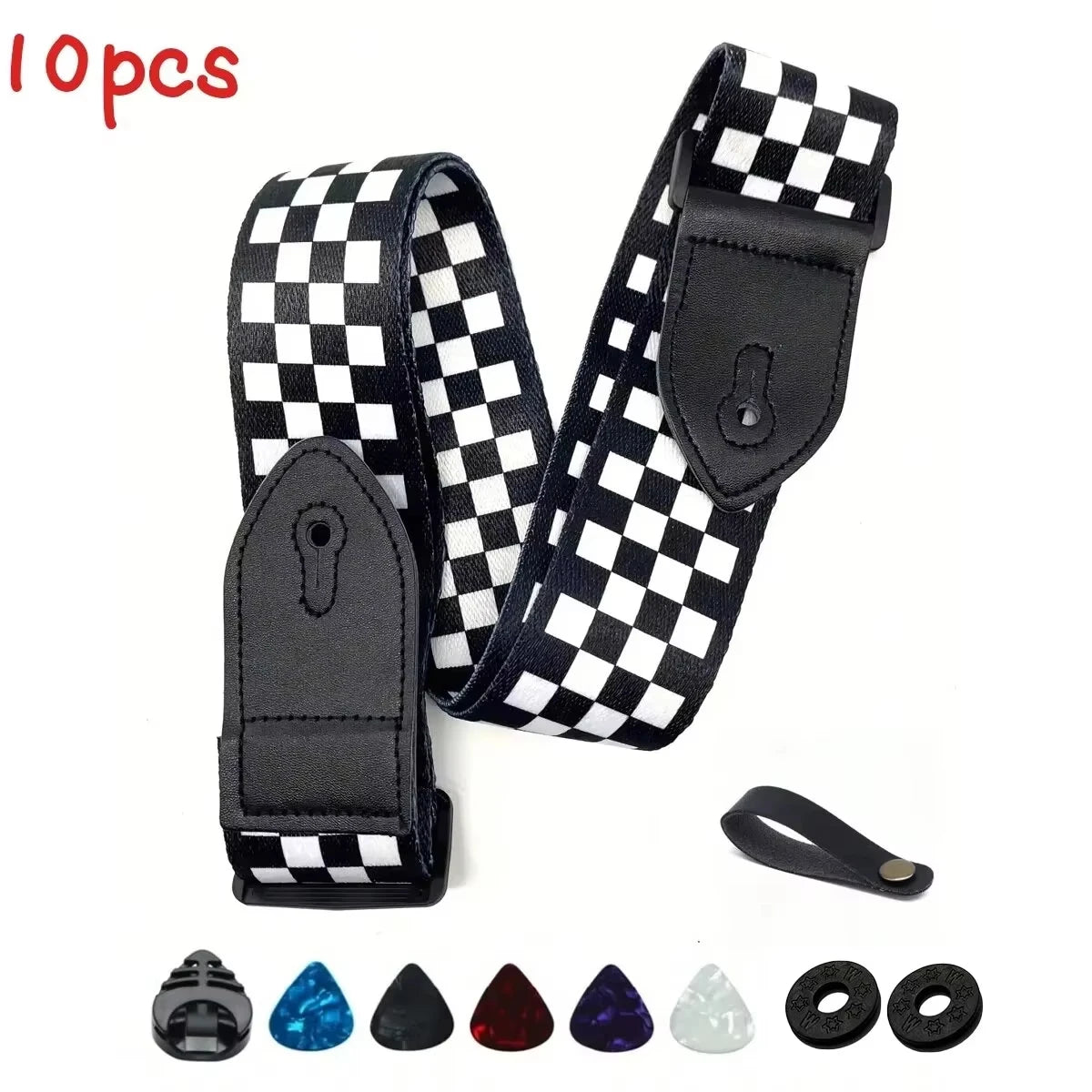 7Pcs/Set Guitar Strap Black PU Leather + Cotton