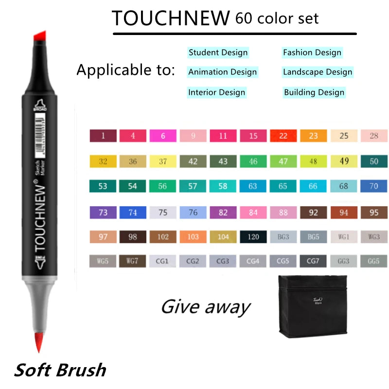 TOUCHNEW Marker 12/30/60/80/168 Colors Soft Brush Markers Pen