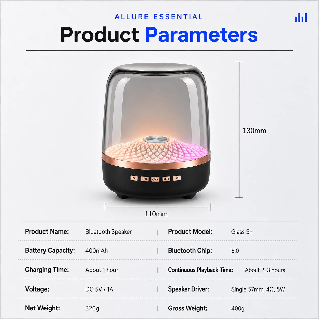 Portable Bluetooth 5.0 Wireless Speaker with Ambient Light