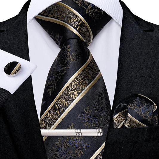 Men's Tie Set with Clip 8cm Necktie Handkerchief Cufflinks