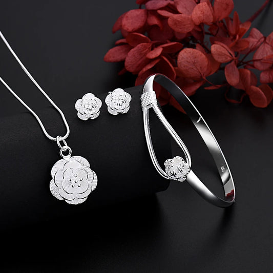 925 Sterling Silver Charm Flower Necklace Earrings Bangle