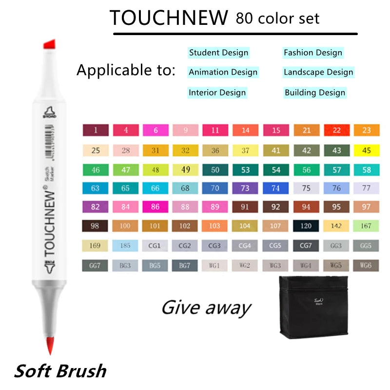 TOUCHNEW Marker 12/30/60/80/168 Colors Soft Brush Markers Pen
