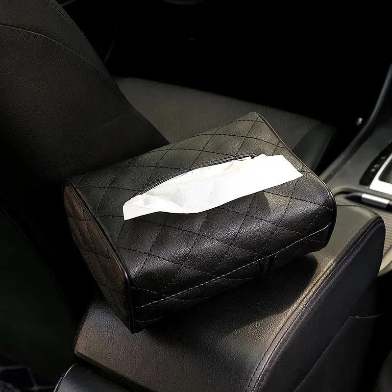 Solid Color Checkered Leather Car Wear-Resistant Tissue Box
