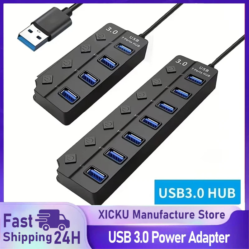 4/7-Port USB 3.0 Hub with LED Switch Power Adapter