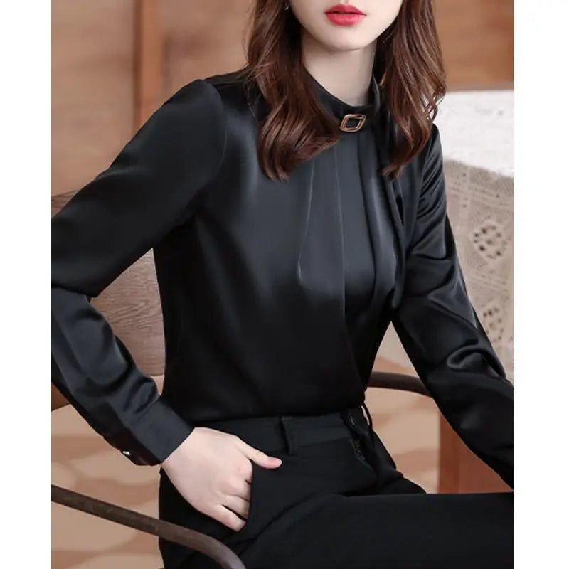 Solid Color Office Pleated Blouse