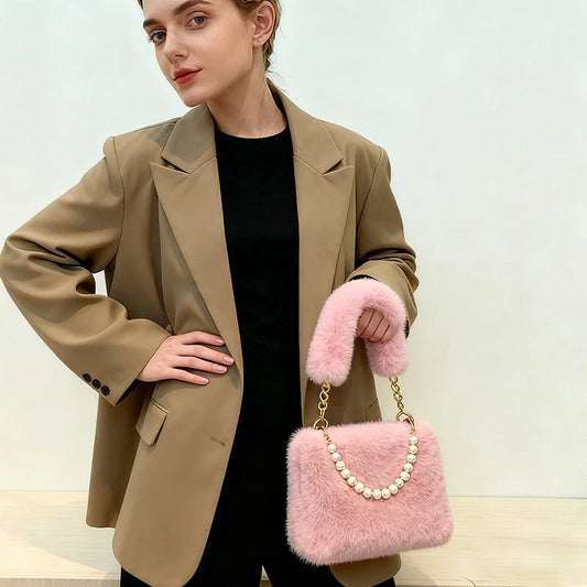 Faux Fur Pearl Chain Shoulder Bag