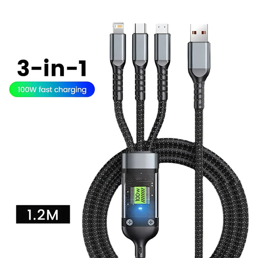 3-in-1 Fast Charging USB Cable – USB-A to Lightning, USB-C & Micro USB