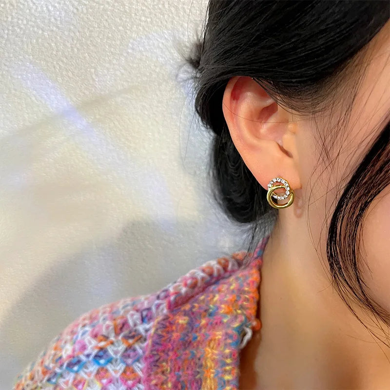 Gold Color Double Hoop Geometric Stud Earrings