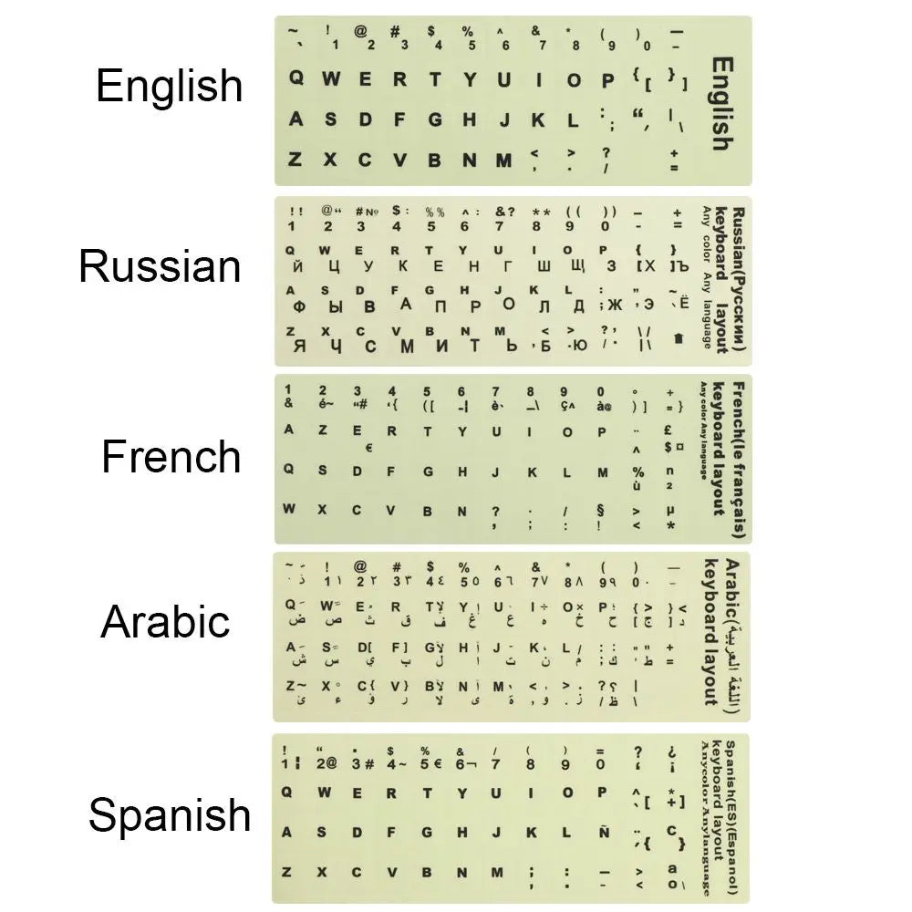 Luminous Keyboard Stickers Spanish/English/Russian/Arabic/French Language
