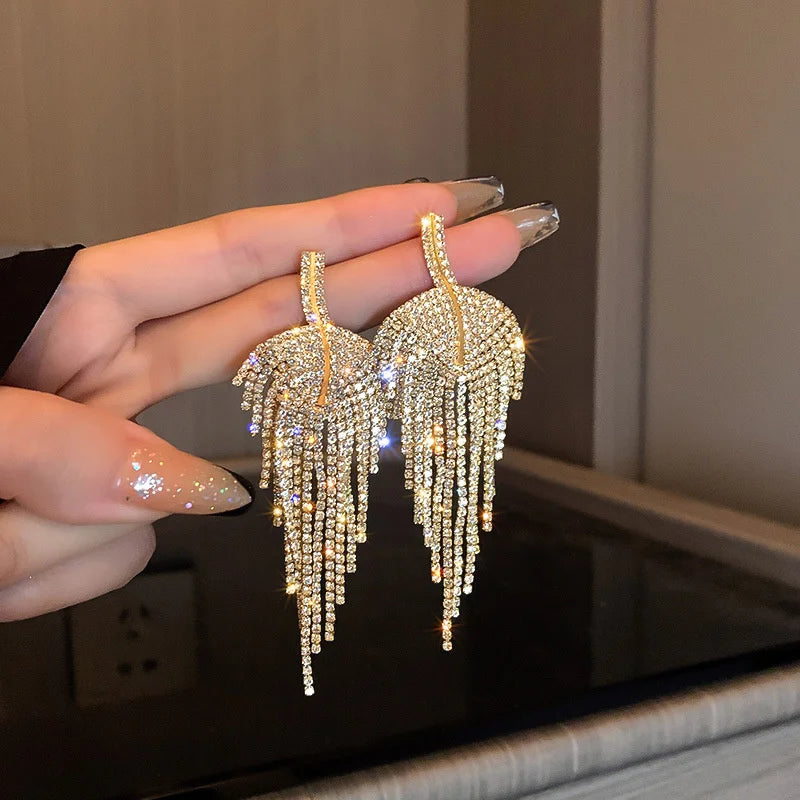 Blue Crystal Long Tassel Drop Earrings