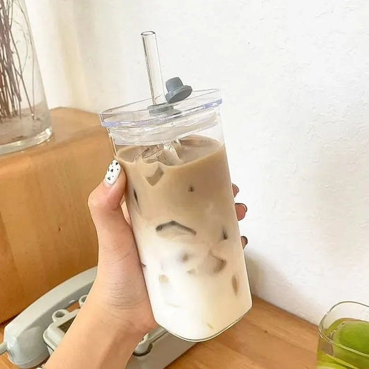 Heat-Resistant Borosilicate Glass Tumbler with Lid and Reusable Straw
