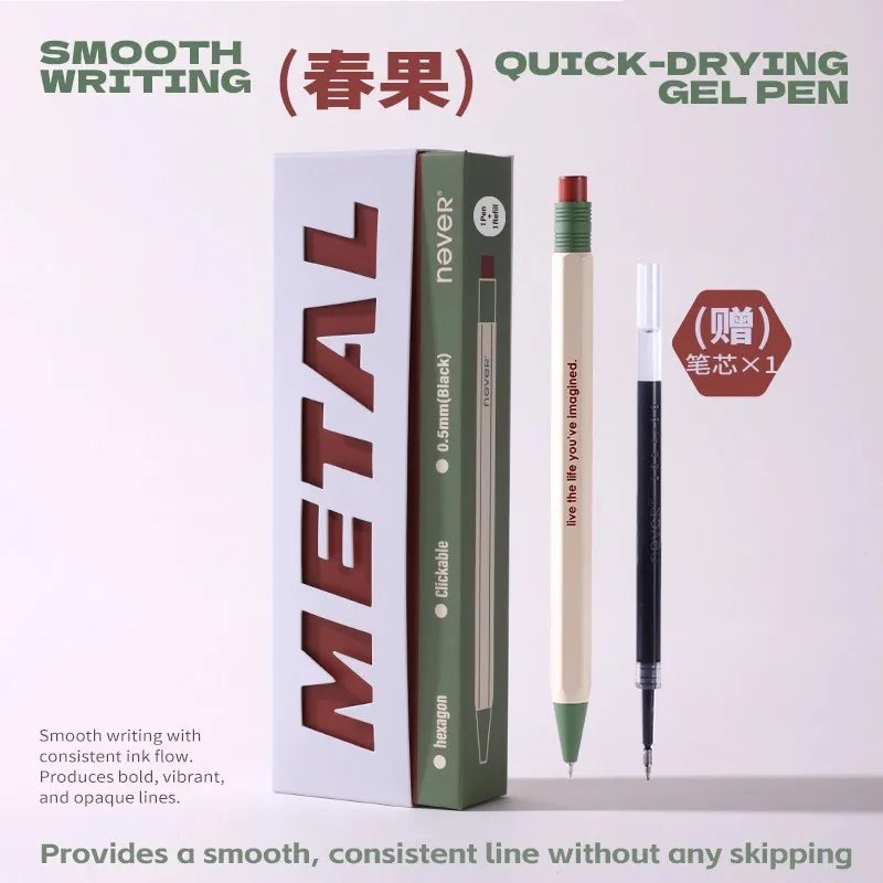 Never Hexagonal Bar Metal Retractable Gel Pen 0.5mm Quick-Drying & Weighted Black Signature Pen Aesthetic Stationery Gift