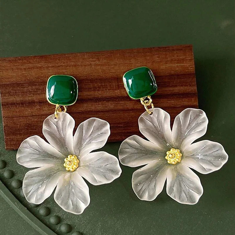 Obega White Flower Charm Square Metal Earrings