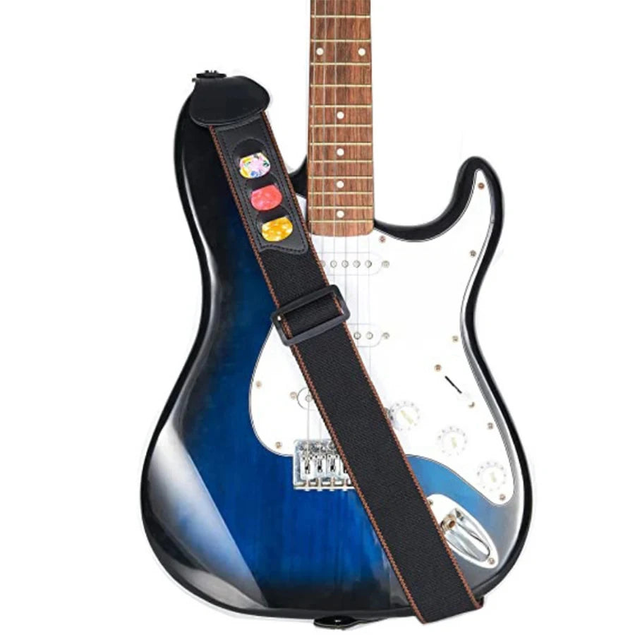 7Pcs/Set Guitar Strap Black PU Leather + Cotton