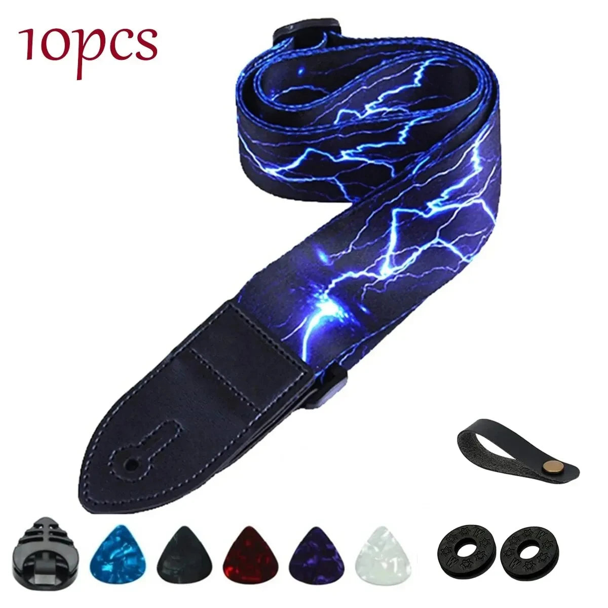 7Pcs/Set Guitar Strap Black PU Leather + Cotton
