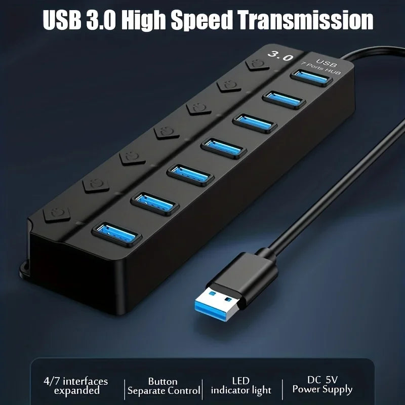 4/7-Port USB 3.0 Hub with LED Switch Power Adapter