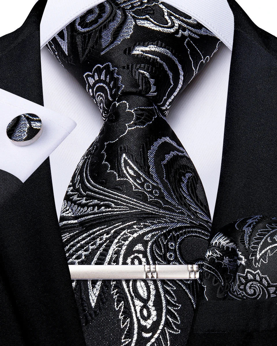 Men's Tie Set with Clip 8cm Necktie Handkerchief Cufflinks