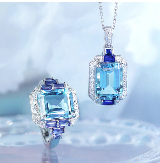 Exquisite Simulation Aquamarine Two-Piece Rings Pendant Necklace