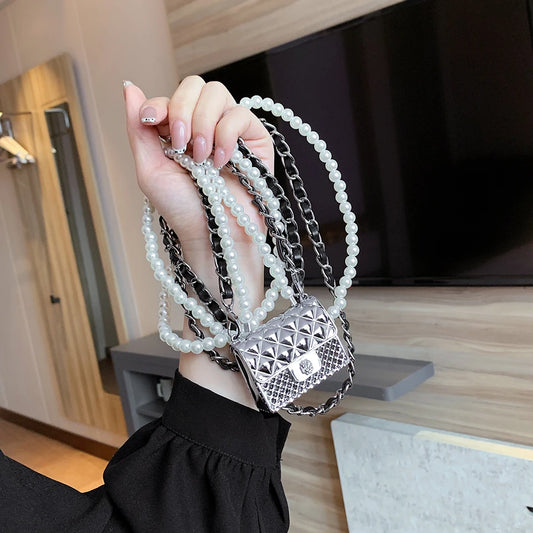 Mini Metallic Evening Box Bag with Pearl Chain