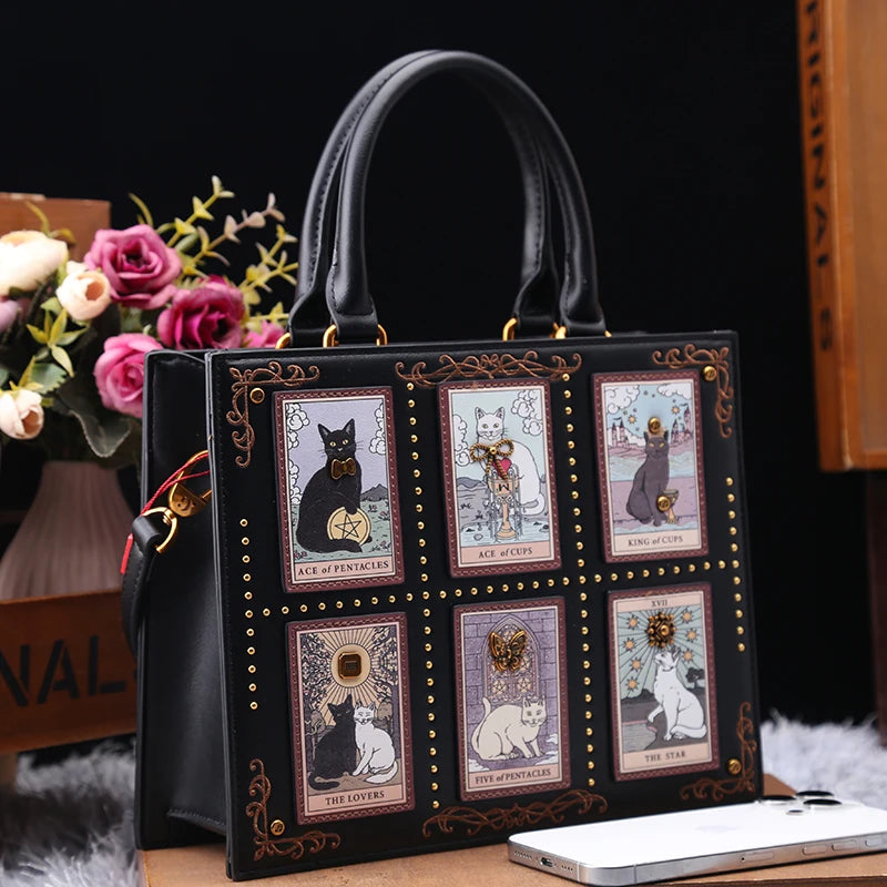 Vintage Cat Print Leather Tote Bag