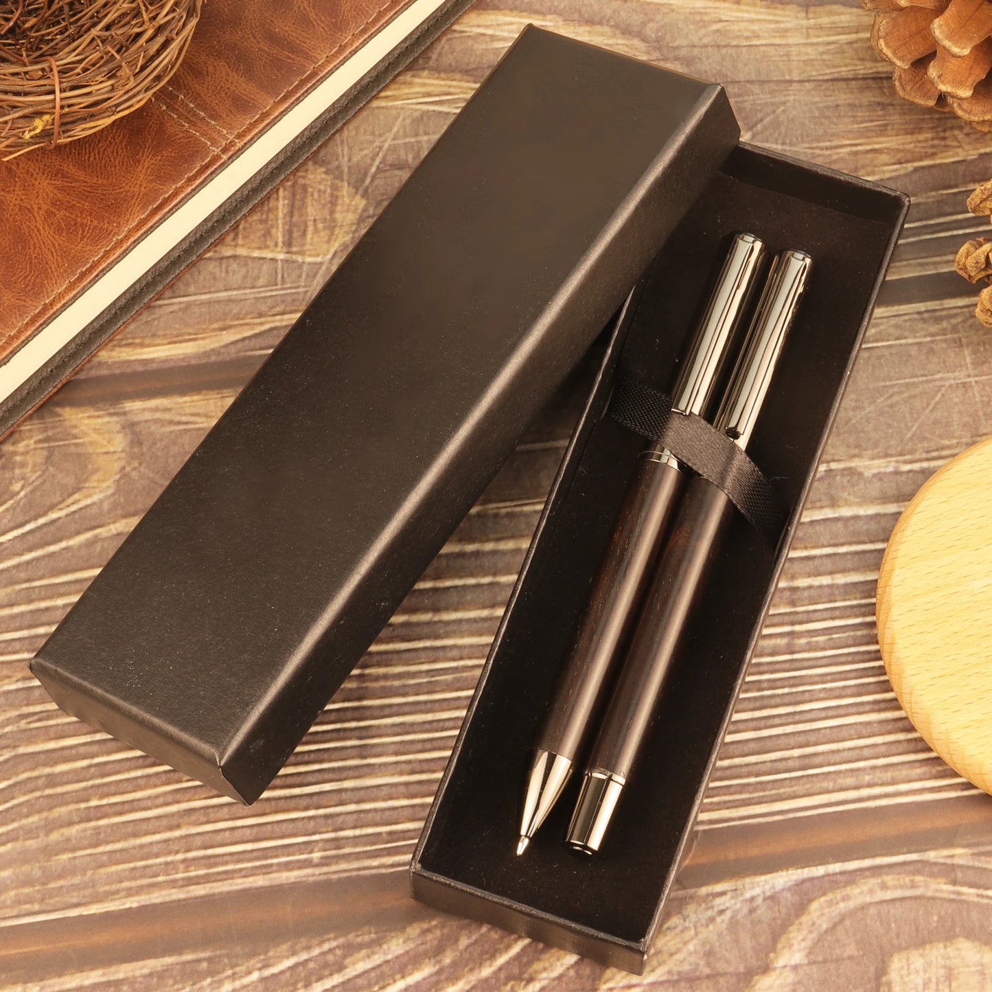 1/2 PCs with Box - Brown/Ebony Wood Grain Pen -