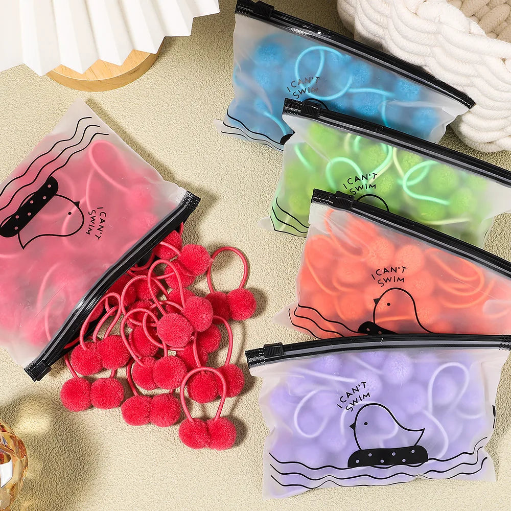 5Pcs/lot Girls Double Plush Ball Hair Ropes Set